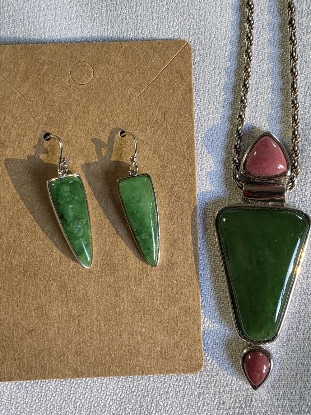 Jade And Rhondolite Pendant And Jade Earrings
